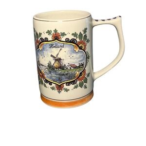 Delfts Foly Hand Painted Holland Mug Windmill & Sailboat Scenes